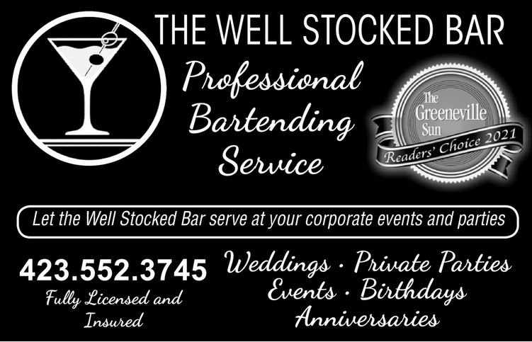 Black and white Image of an advertisement with contact info, and 2021 Reader's Choice award from the Greeneville Sun for Best Professional Bartending Service